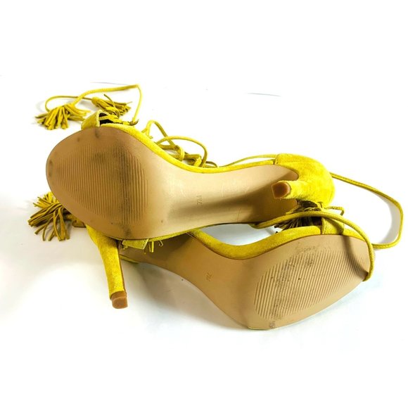 Steve Madden "SASSEY" Yellow Fringe Lace Up Strap Stiletto Heels Shoes 7 - Picture 9 of 11
